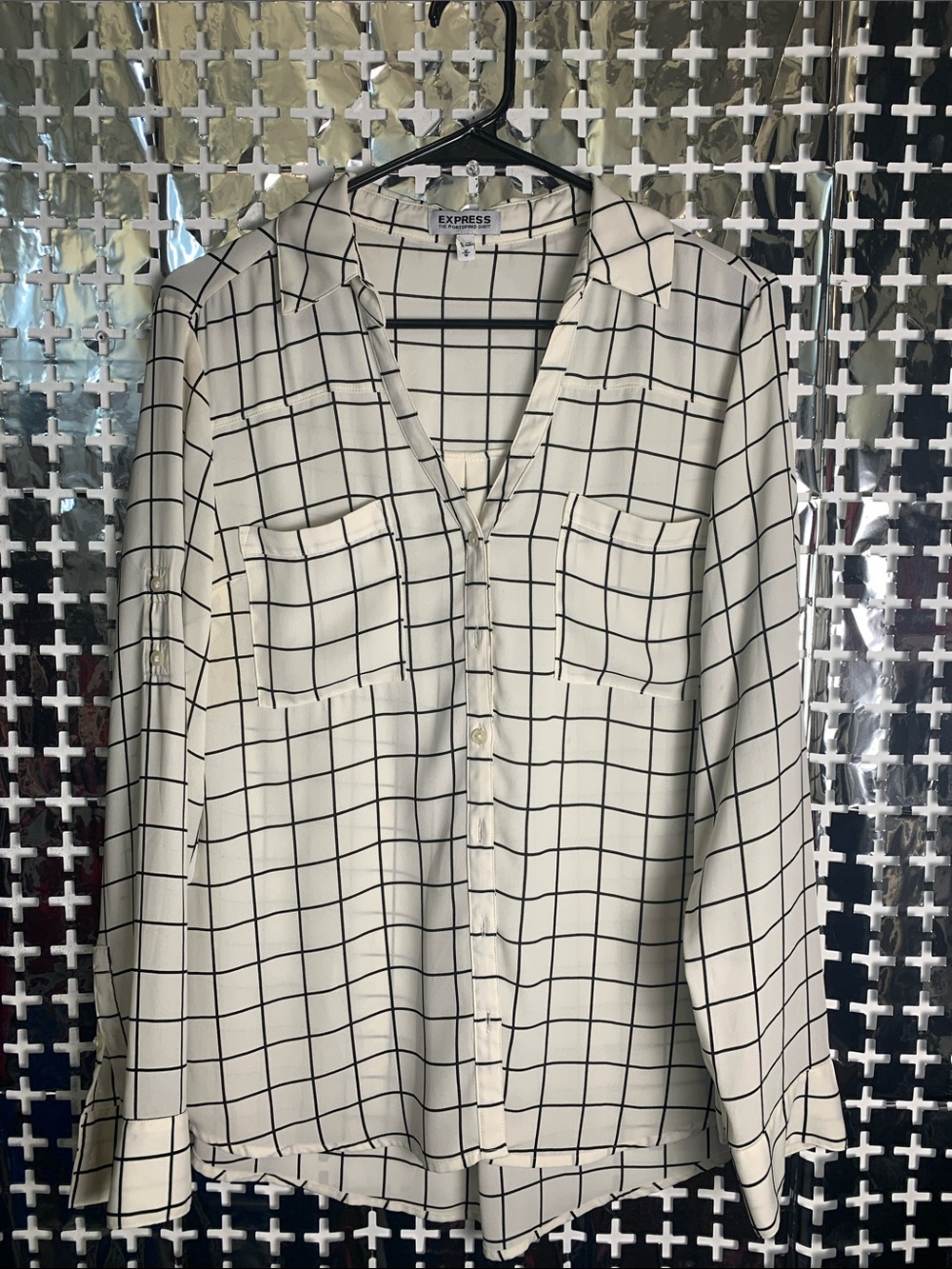 Express Women’s White Button-Down Shirt with Black Windowpane Print